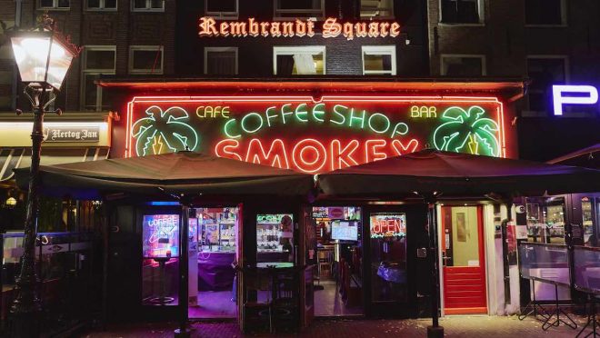 AMSTERDAM, NETHERLANDS - OCTOBER 14: Exterior of a coffee shop on Rembrandtplein on October 14, 2020 in Amsterdam, Netherlands. Nationwide restrictions announced by Prime Minister Mark Rutte include closure of bars and restaurant, as well as an 8pm curfew for retail stores. Reported COVID-19 infections have doubled in the past two weeks, jumping to 43,903 with 150 deaths. (Photo by Pierre Crom/Getty Images)