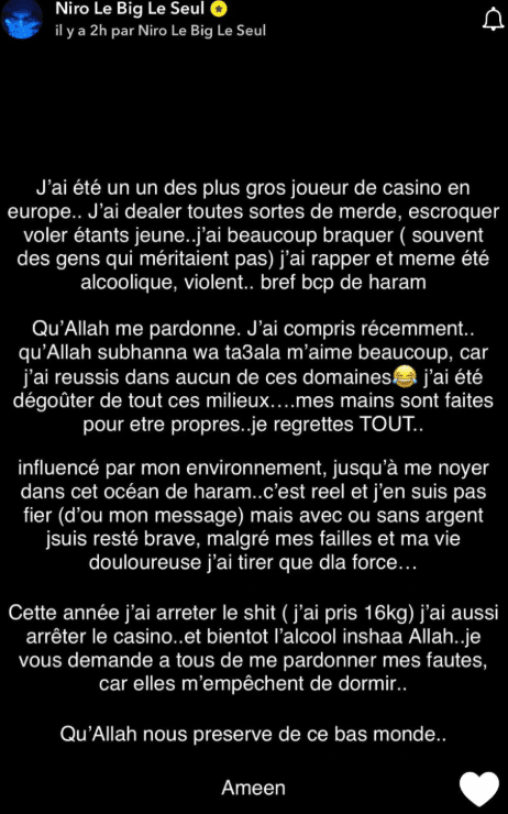 Niro fait son mea culpa après avoir été accro au Casino et d'autres tentatives : "qu'Allah me pardonne"